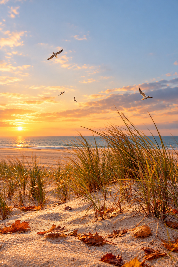 Goldener Herbststrand bei Sonnenuntergang