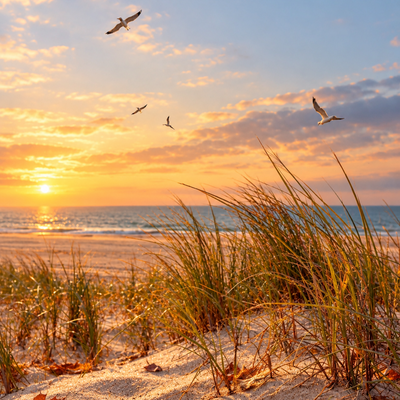 Goldener Herbststrand bei Sonnenuntergang
